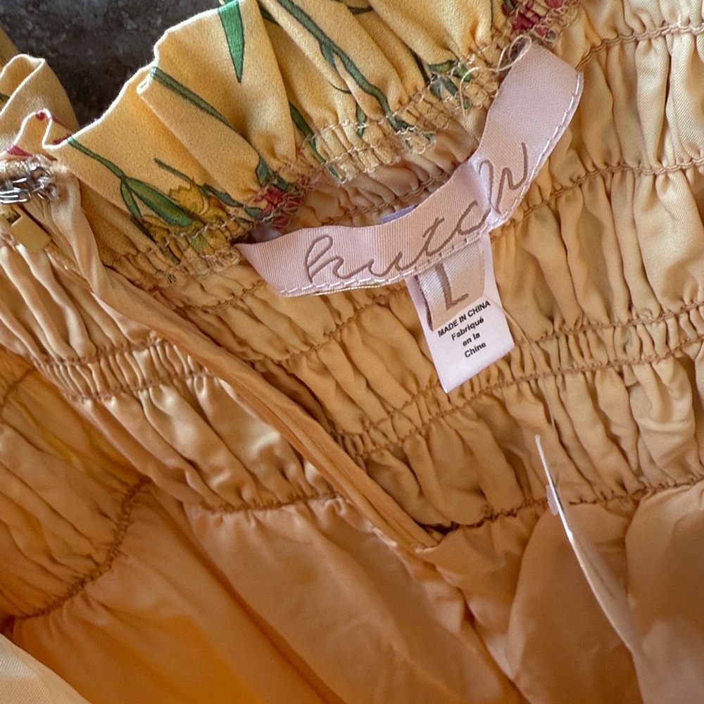 Anthropologie Hutch Sleeveless Smocked Midi Dress Gold Floral Ruffles Pockets L - Picture 6 of 16